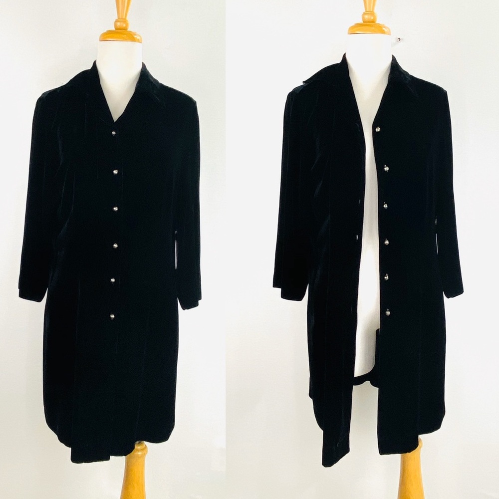 J Jill Black Velvet and Lace Back Silver Round Button Hardware Shirt Dress Sz M - Picture 2 of 8